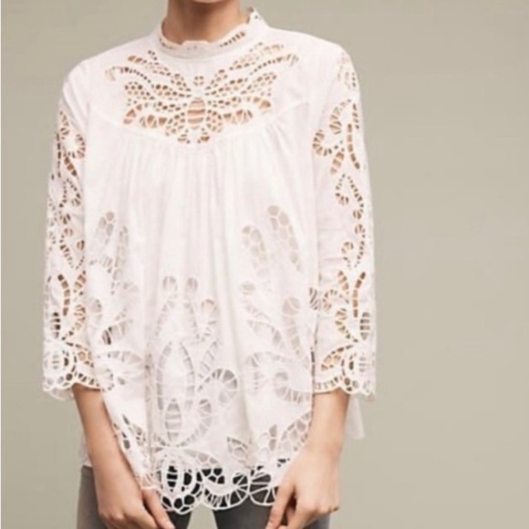 Anthropologie Tops - ANTHROPOLOGIE | HARLYN Lace Eyelet Mock Neck Blouse - Size XS